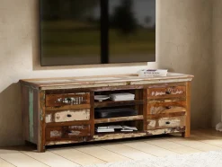 TV Board 160x60cm 'Hawkins' recyceltes Altholz mehrfarbig lackiert 6 Schubkästen