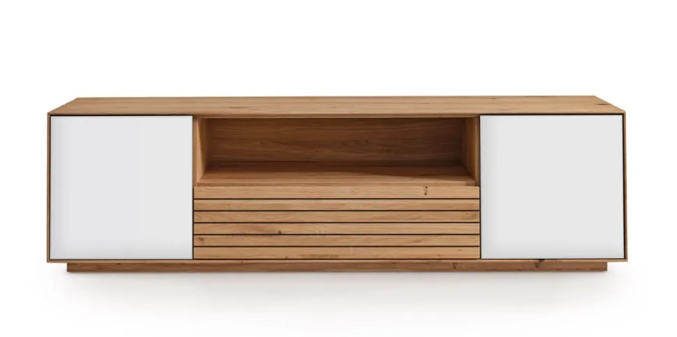 TV Board 158x44cm "Trentino" Wildeiche & Glas weiß
