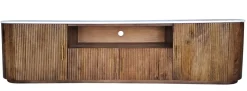 TV Board 220x55cm "Valencia"' Mango braun lackiert & Marmor weiss 2 große 2 kleine Türen