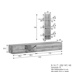 TV Board zum hängen 220cm "Belfast" Wildeiche massiv