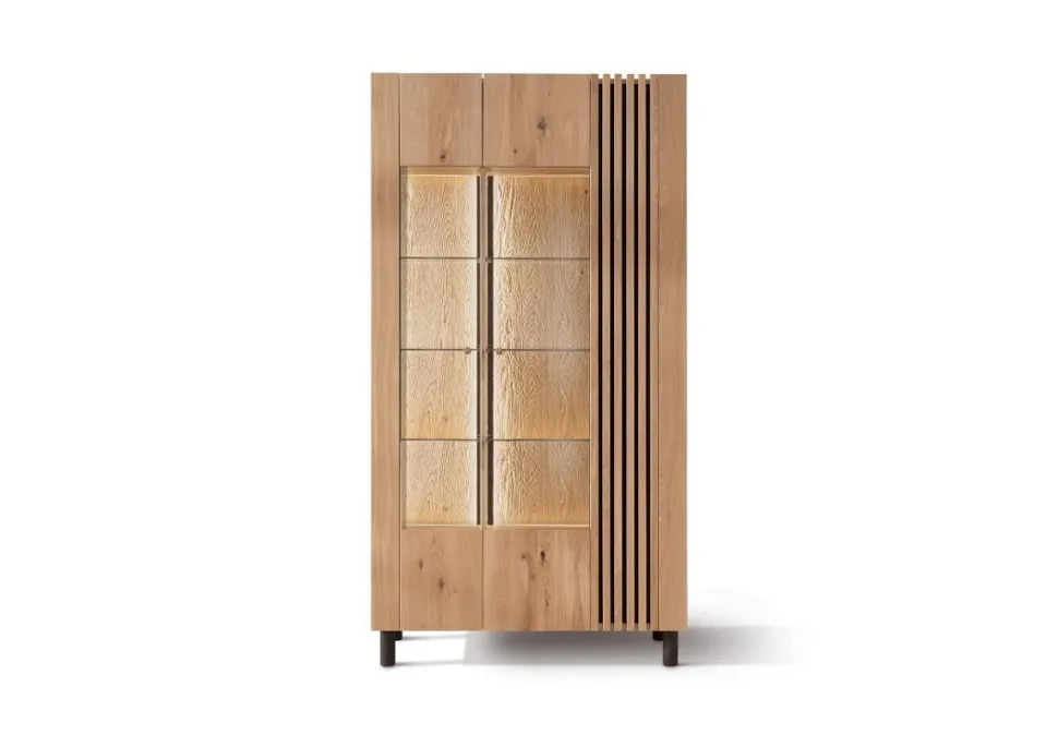 Vitrine II 106cm Wildeiche 'Amalfi' verschiedene Ausführungen inkl.Beleuchtung Holzfüße rund schwarz