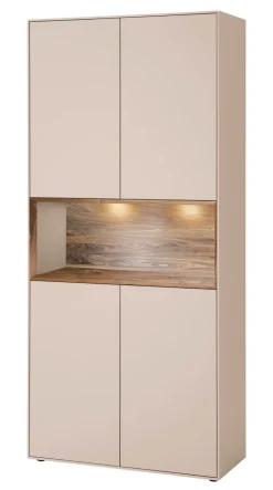 Vitrine 90x200cm 'Locarno II' Nussbaum massiv & MDF creme inkl.Beleuchtung