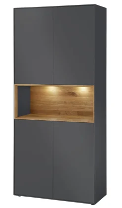 Vitrine 90x200cm 'Locarno' Wildeiche massiv & MDF anthrazit inkl.Beleuchtung