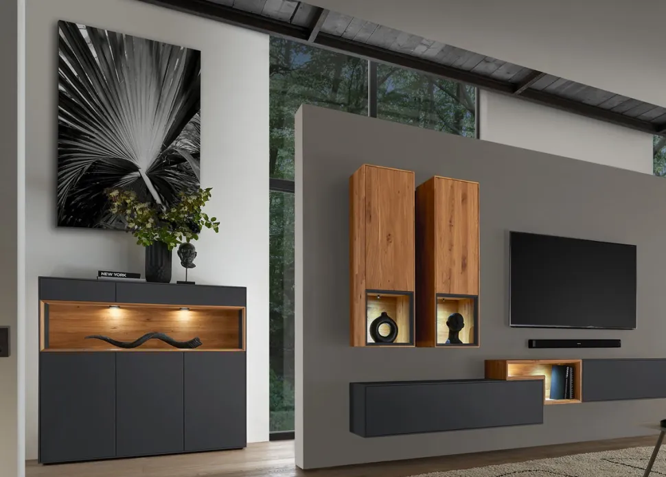 Vitrine 90x200cm 'Locarno' Wildeiche massiv & MDF anthrazit inkl.Beleuchtung