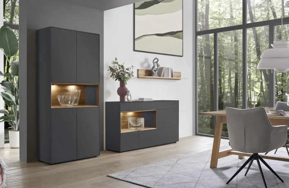 Vitrine 90x200cm 'Locarno' Wildeiche massiv & MDF anthrazit inkl.Beleuchtung