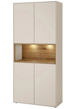 Vitrine 90x200cm 'Locarno' Wildeiche massiv & MDF creme inkl.Beleuchtung