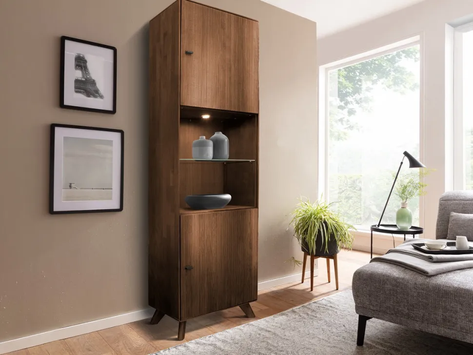 Vitrine 65x209cm "Lugano" Kernbuche massiv Tabak geölt