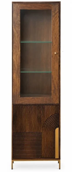 Vitrine 60x200cm 'Marvello' Mango braun & Metall goldfarbig Glastür