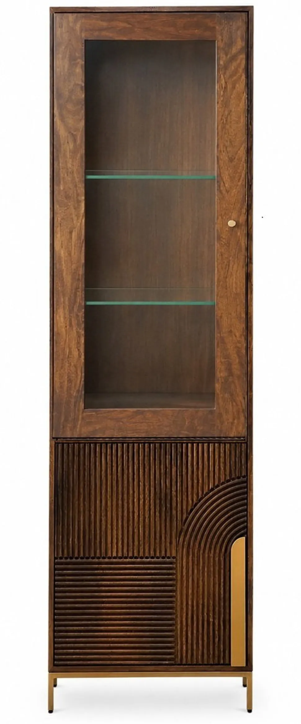Vitrine 60x200cm 'Marvello' Mango braun & Metall goldfarbig Glastür