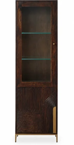 Vitrine 60x200cm 'Marvello' Mango mahagoni & Metall goldfarbig Glastür