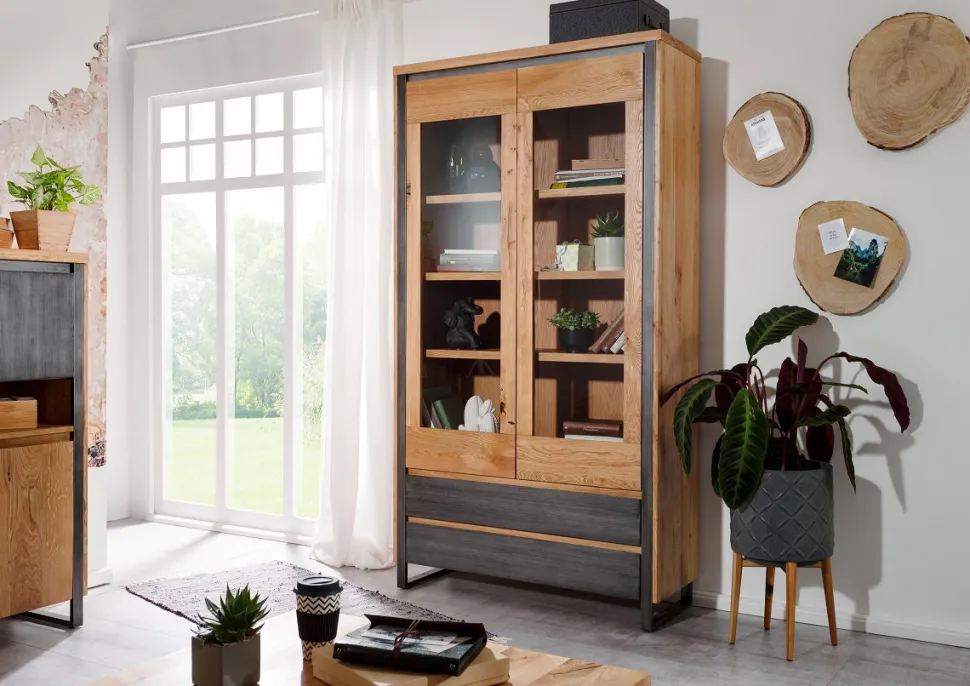 Vitrine 110x204cm 'Taipeh' Wildeiche & Metall gebürstet