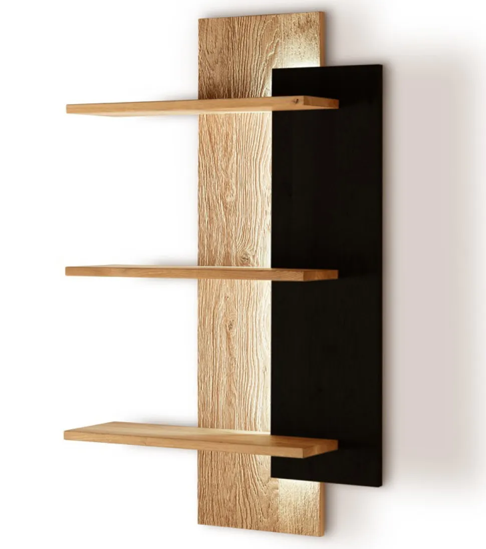 Wandregal inkl. Beleuchtung 60x110cm 'Santis' Wildeiche & Glas schwarz