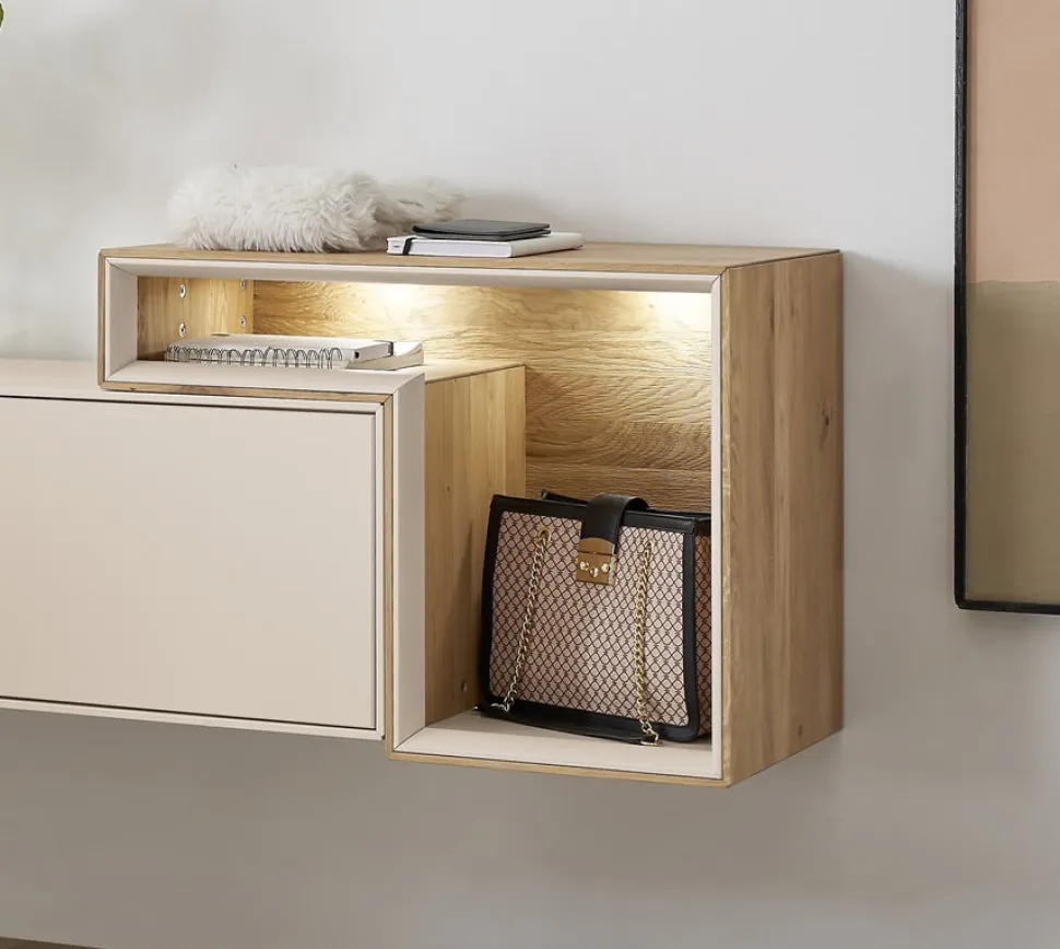 Wandregal 70x52cm 'Locarno' Wildeiche massiv & Rahmen MDF creme inkl.Beleuchtung