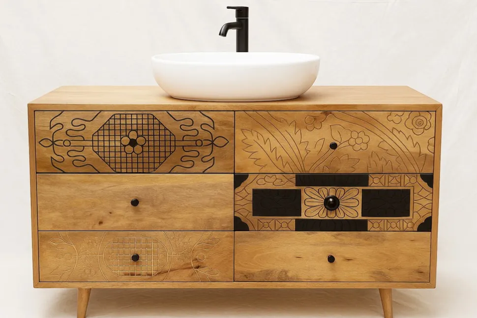Waschbeckenunterschrank 108x60cm 'Lyn' Mangoholz mit schwarzen Ornamenten