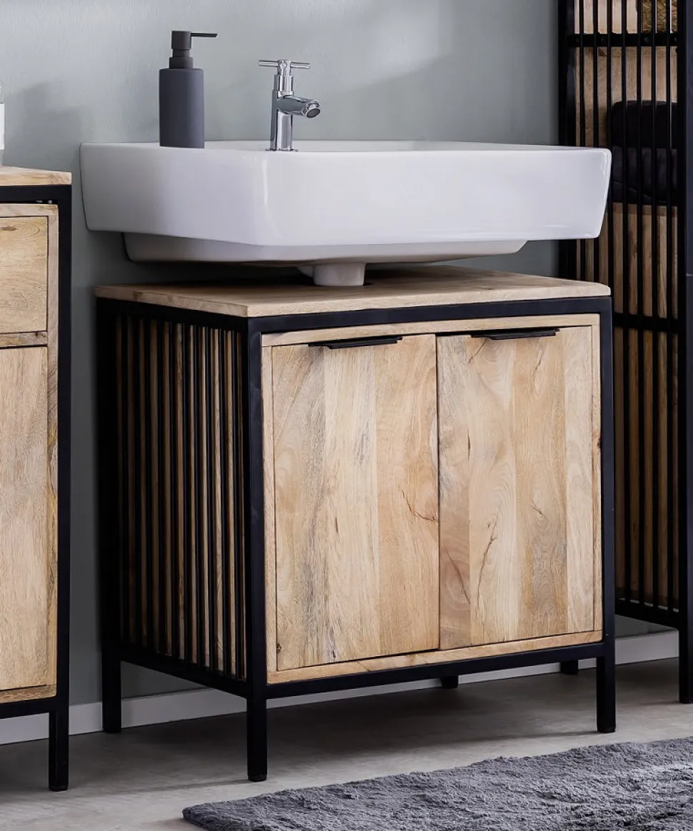 Waschbeckenunterschrank 60x63cm 'Brooklyn' Mango & Metall schwarz
