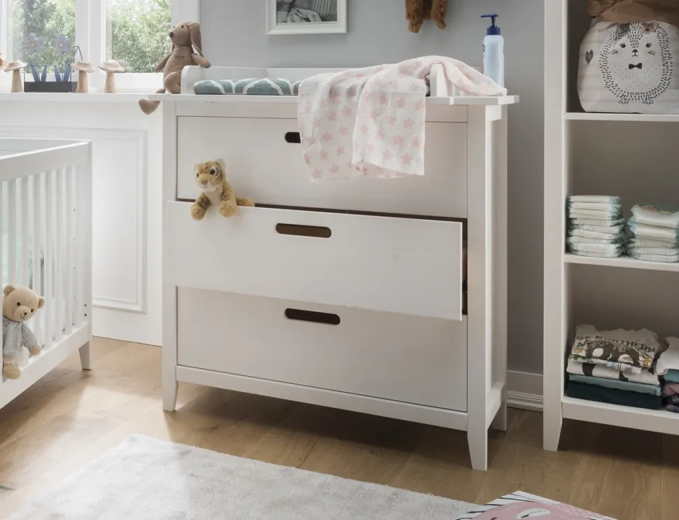 Wickelkommode 91cm mit Aufsatz "Maja" Kiefer massiv weiß lackiert