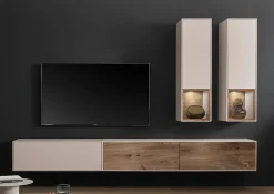 Wohnwand I 285cm 'Locarno II' Nussbaum massiv & MDF creme inkl.Beleuchtung