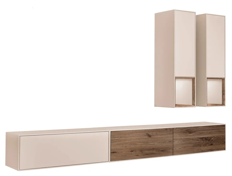 Wohnwand I 285cm 'Locarno II' Nussbaum massiv & MDF creme inkl.Beleuchtung