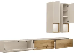 Wohnwand I 285cm 'Locarno' Wildeiche massiv & MDF creme inkl.Beleuchtung