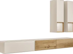 Wohnwand I 285cm 'Locarno' Wildeiche massiv & MDF creme inkl.Beleuchtung