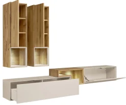 Wohnwand II 285cm 'Locarno' Wildeiche massiv & MDF creme inkl.Beleuchtung
