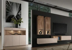Wohnwand III 280cm 'Locarno II' Nussbaum massiv & MDF creme inkl.Beleuchtung