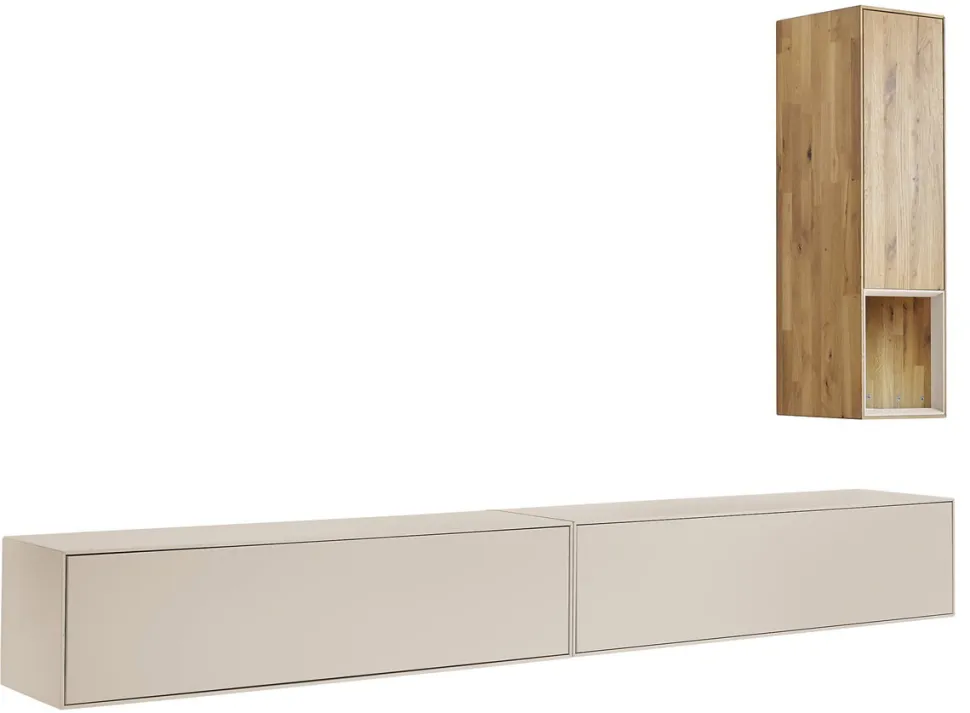 Wohnwand III 280cm 'Locarno' Wildeiche massiv & MDF creme inkl.Beleuchtung