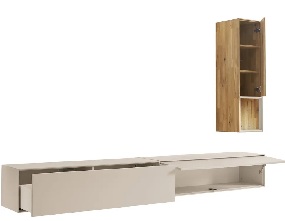 Wohnwand III 280cm 'Locarno' Wildeiche massiv & MDF creme inkl.Beleuchtung