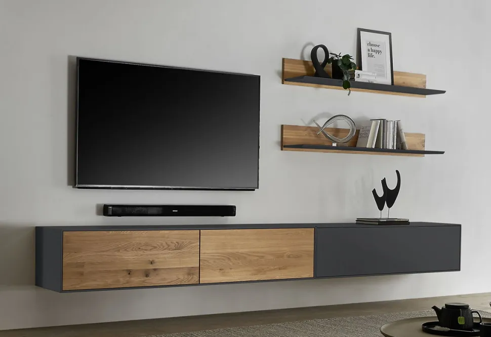 Wohnwand IV 320cm 'Locarno' Wildeiche massiv & MDF anthrazit