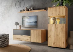 Wohnwand mit Beleuchtung 'Malaga IV ' Wildeiche geölt & Glas anthrazit