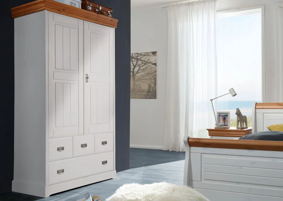 Wäscheschrank 120cm 2-trg. 'Mailand-Honig' Kiefer weiß SZ-0132